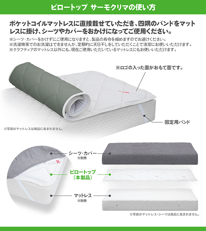 日本製 ピロートップ サーモクリマ セミダブル | 国産 ベッドパッド 